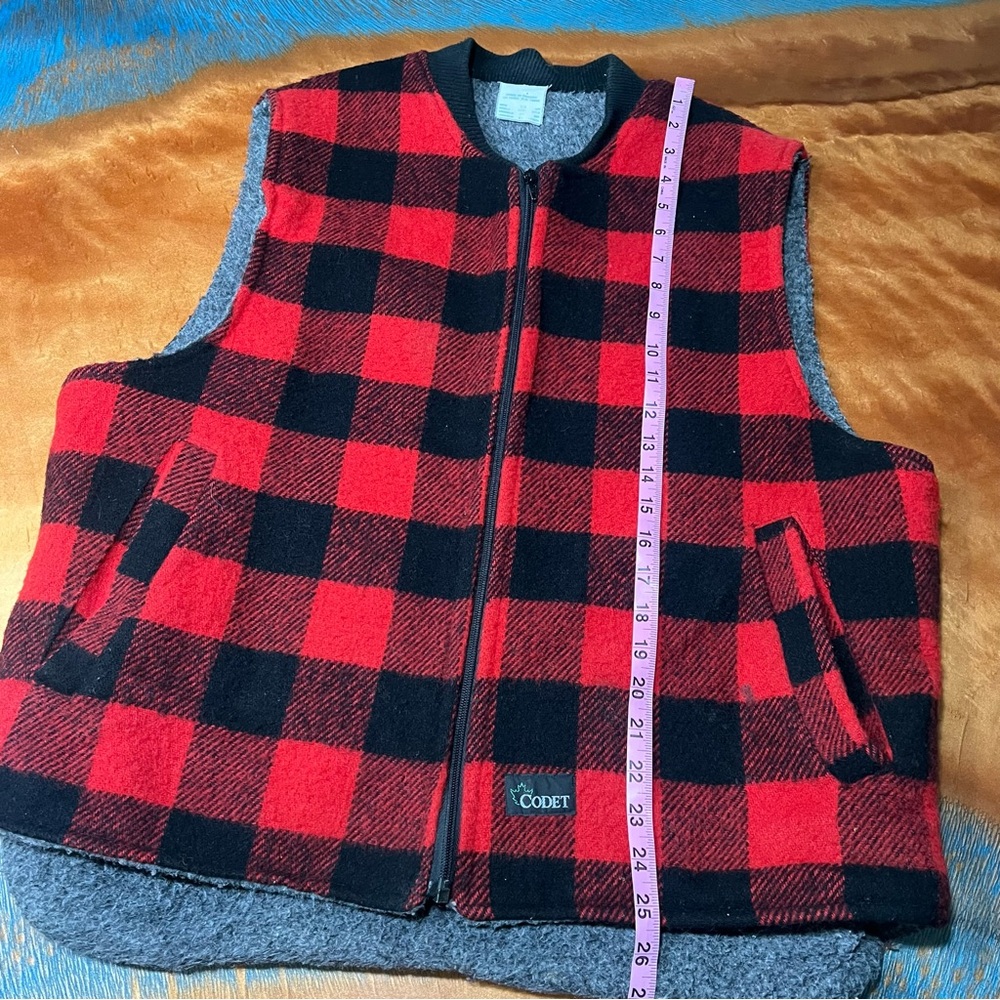 VTG Codet Wool Red Black Plaid full zip Vest large Made in Canada - Picture 10 of 13
